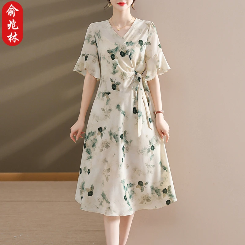俞兆林中年妈妈气质短袖连衣裙洋气系带中老年女夏季显瘦碎花裙子