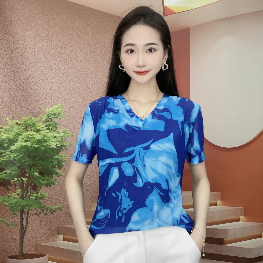 2024新款女装夏款时尚百搭显瘦气质网纱短袖V领T恤印花上衣 1012
