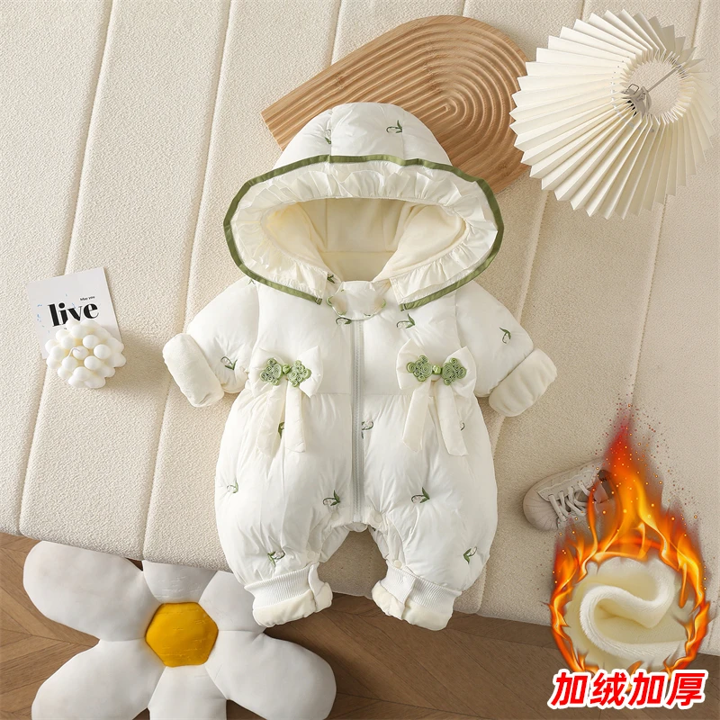 超萌女宝宝冬装哈衣保暖棉衣连体衣洋气公主风连帽加绒加厚爬爬服