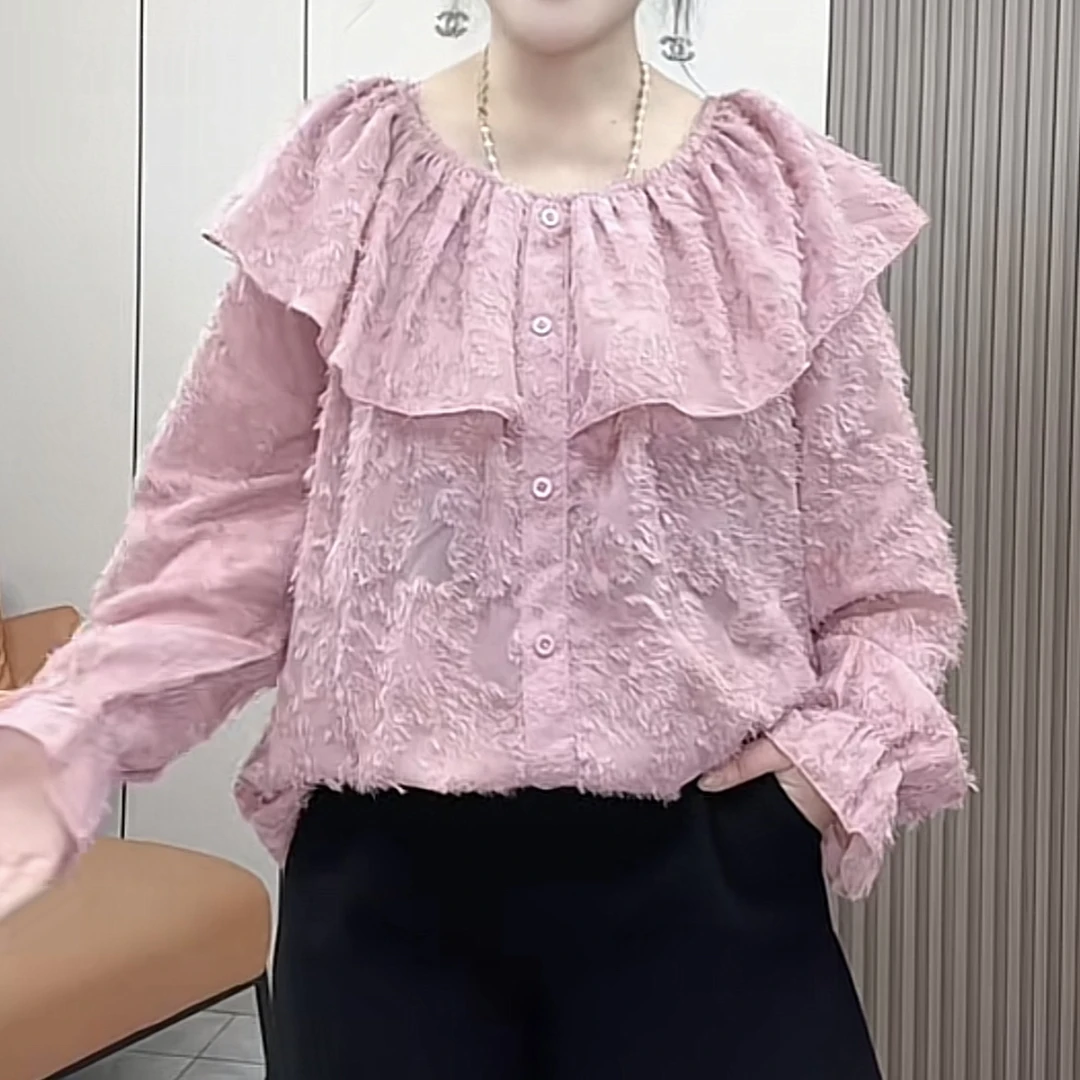 早春甜美别致一字领衬衫女韩版新款双荷叶边喇叭袖宽松碎花雪纺衫