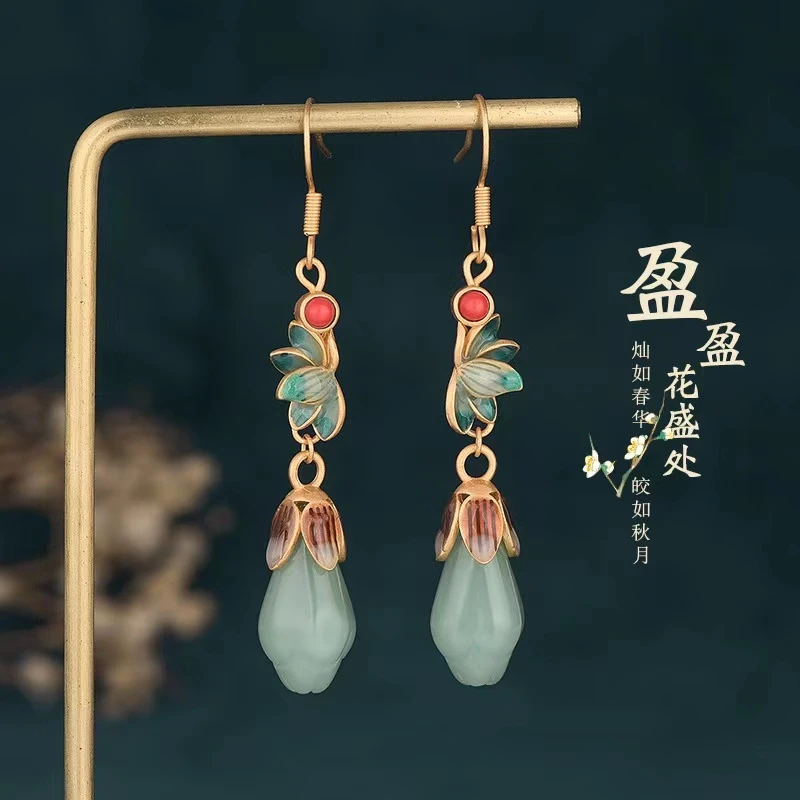 铜合金珐琅耳饰 【玉兰花开】中国风耳环复古国风气质长款百搭-5399
