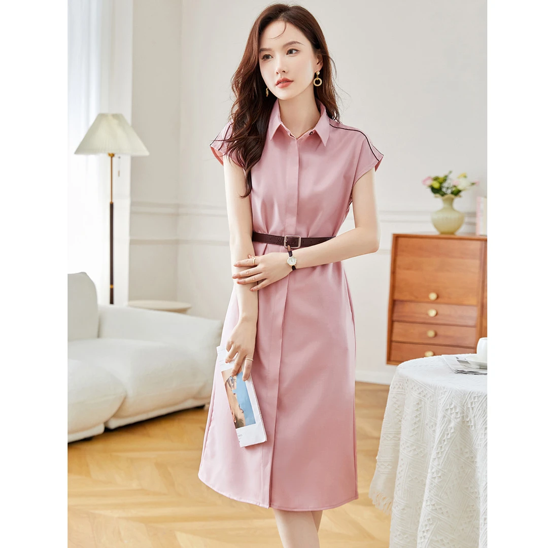 尚静粉色小清新简约风连衣裙2025夏季新款收腰显瘦翻领中长裙女