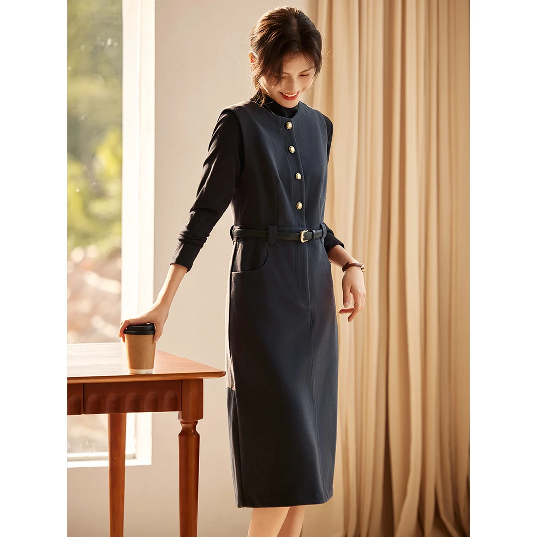 尚静时尚通勤极简裙套装2024冬季新款系带收腰马甲裙打底衫两件套