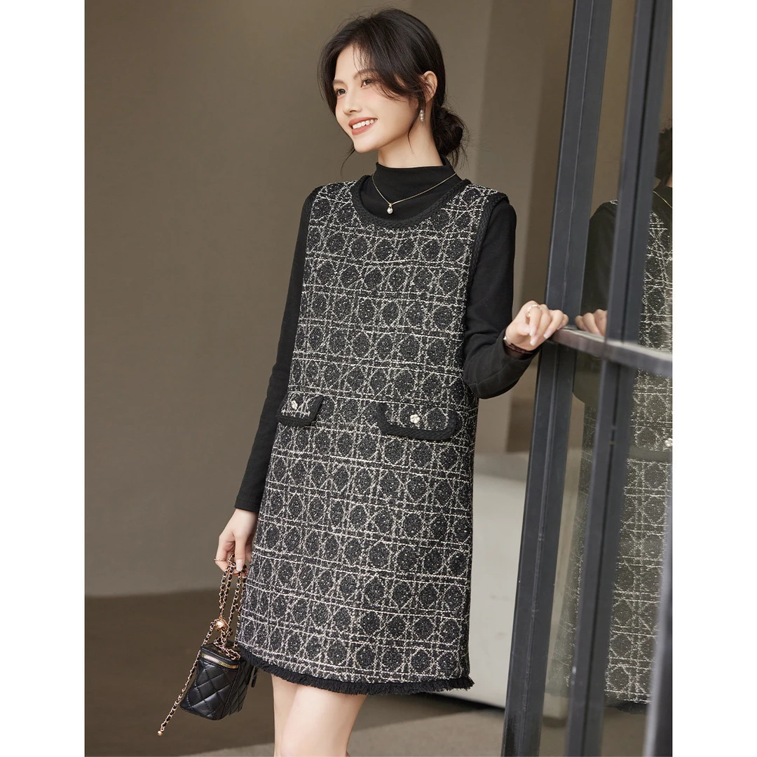 尚静复古小香风花边马甲套装2025秋季新款时尚直筒裙打底衫套装女