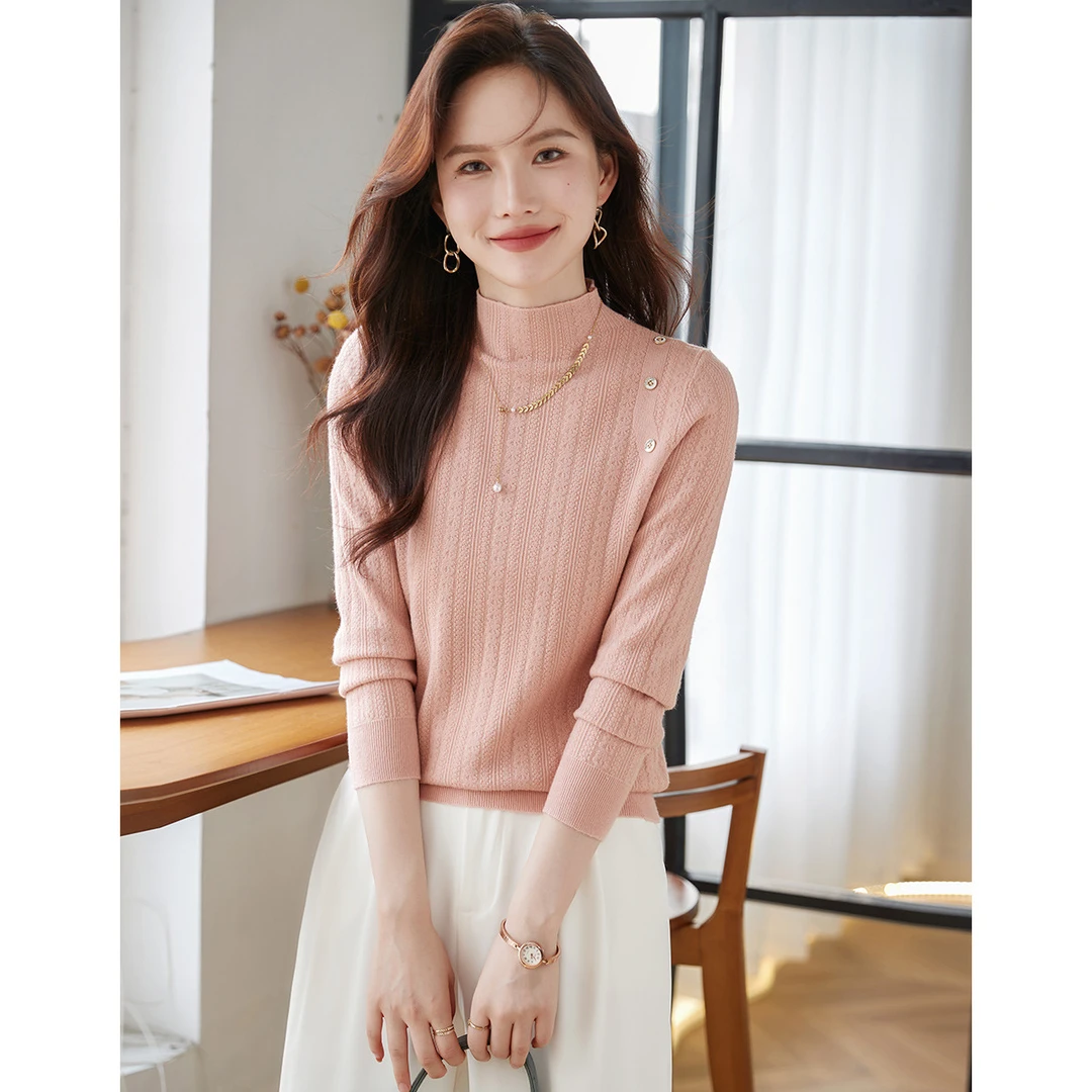 尚静半高领简约粉色针织衫2024秋冬新款气质百搭显瘦休闲上衣女