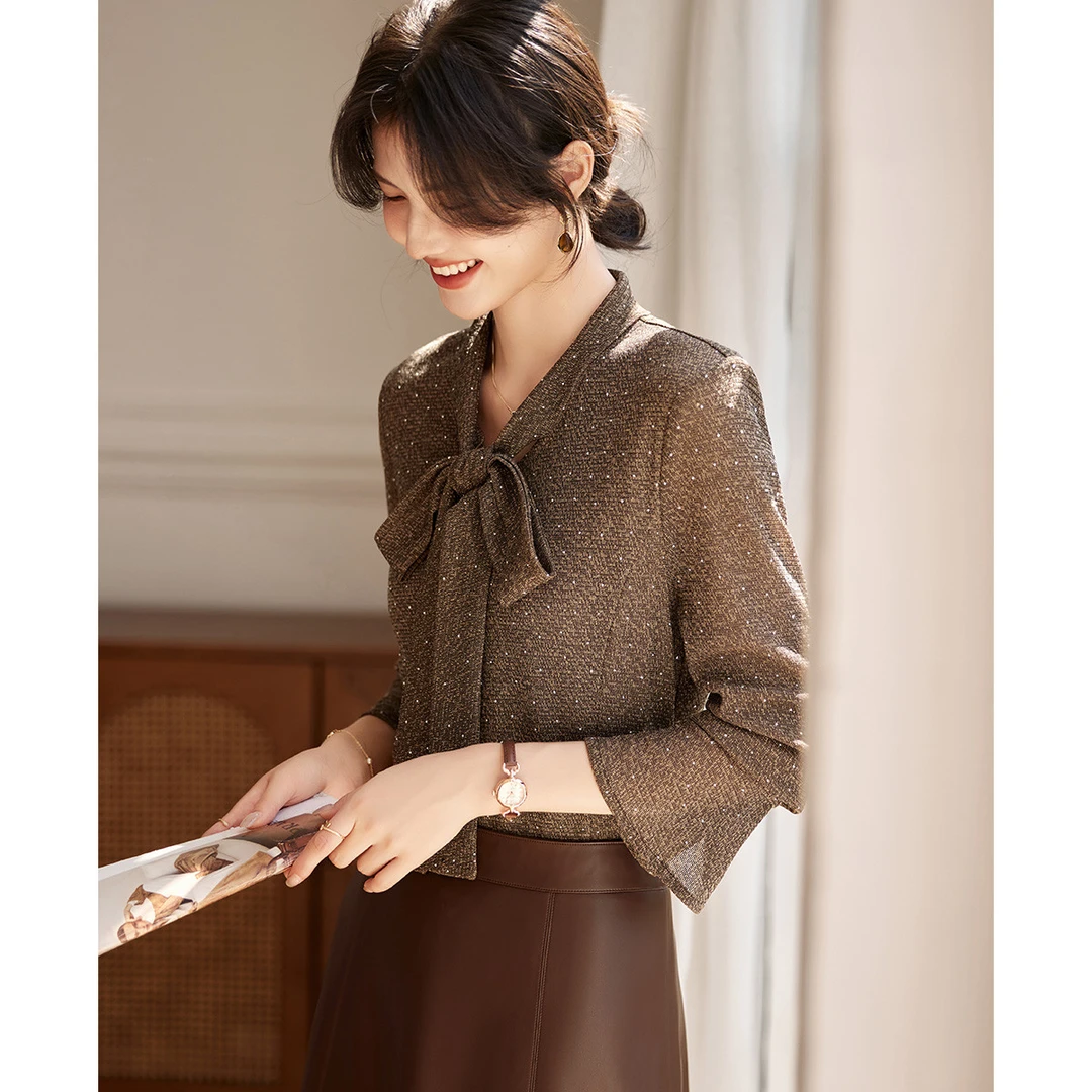 尚静千金风亮闪纯色2025冬季新款时尚气质蝴蝶结系带长袖衬衣上衣