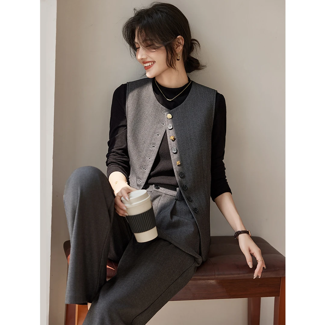 尚静老钱风经典西服两件套2025冬季新款薄呢人字纹马甲长裤套装