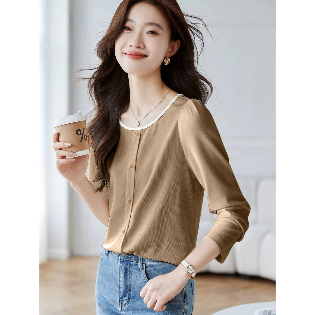 尚静精致感肌理面料褶皱小衫2025春季新款撞色上衣圆领百搭T恤女