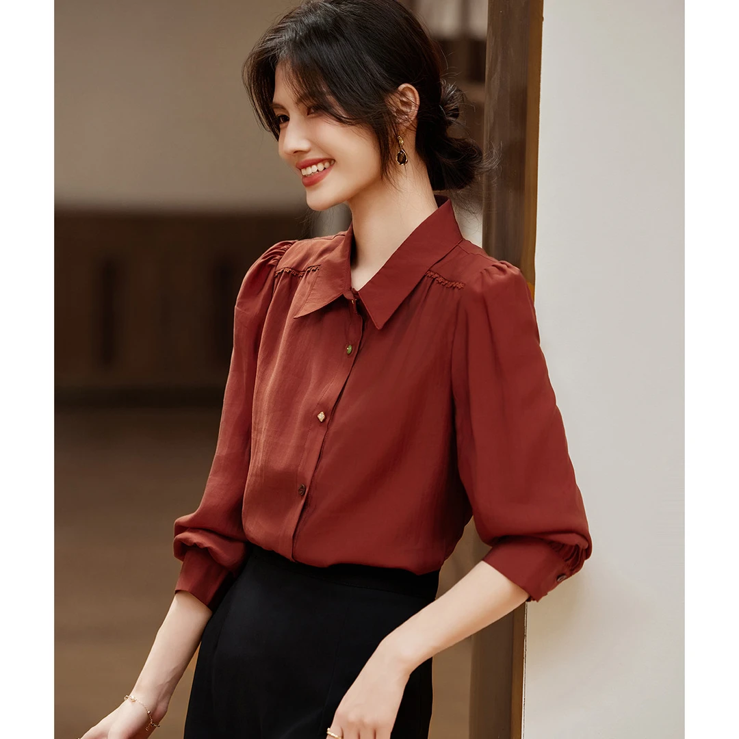 尚静玫瑰红经典复古莱赛尔衬衫2025秋季新款时尚花边拼接翻领上衣