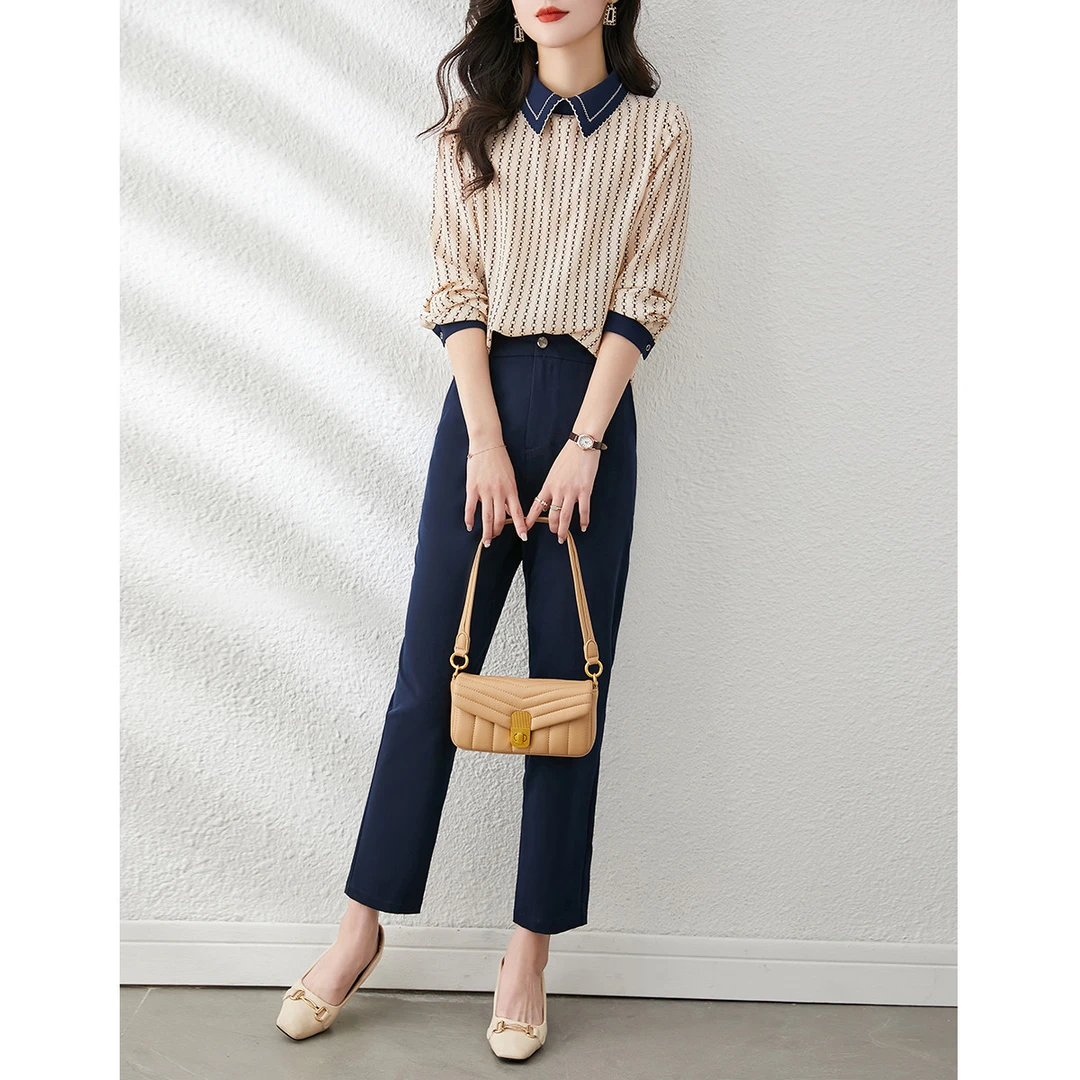 尚静职业OL通勤风套装2025秋季新款时尚感印花娃娃领九分裤套装女