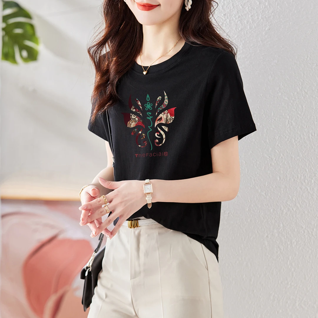 尚静国风脸谱印花短袖T恤2025夏季新款时尚休闲通勤个性百搭上衣