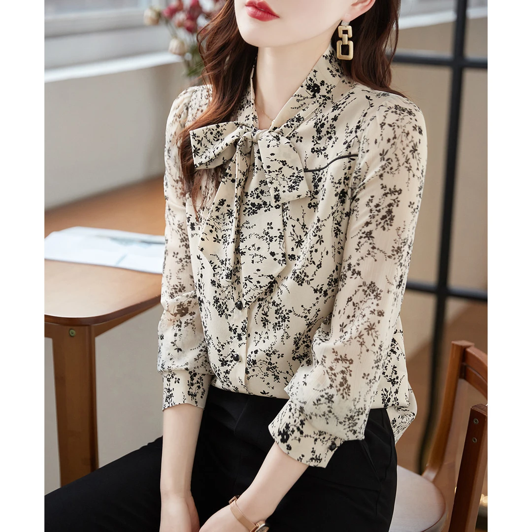 尚静中国风水墨印花系带领衬衫2025秋季新款时尚休闲百搭优雅气质