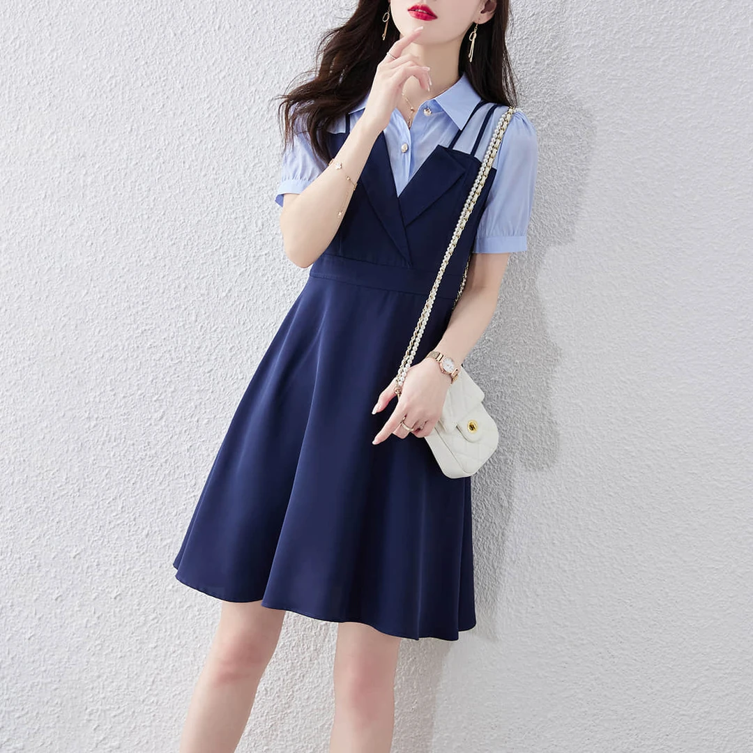 尚静简约拼接收腰款显瘦小黑裙2025夏季新款百搭气质A字连衣裙女