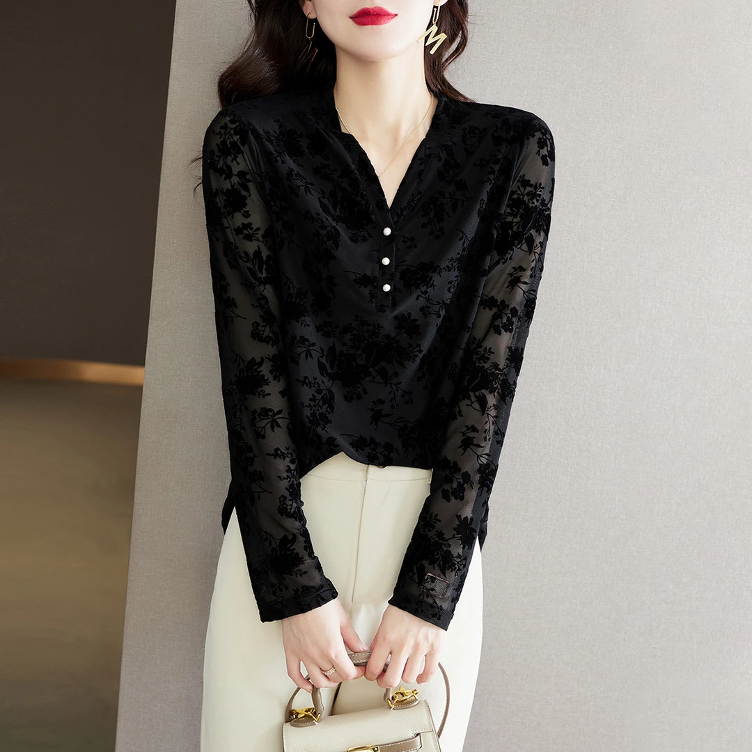 尚静性感微透网纱植绒提花衬衫2025秋季新款镂空V领修身显瘦上衣