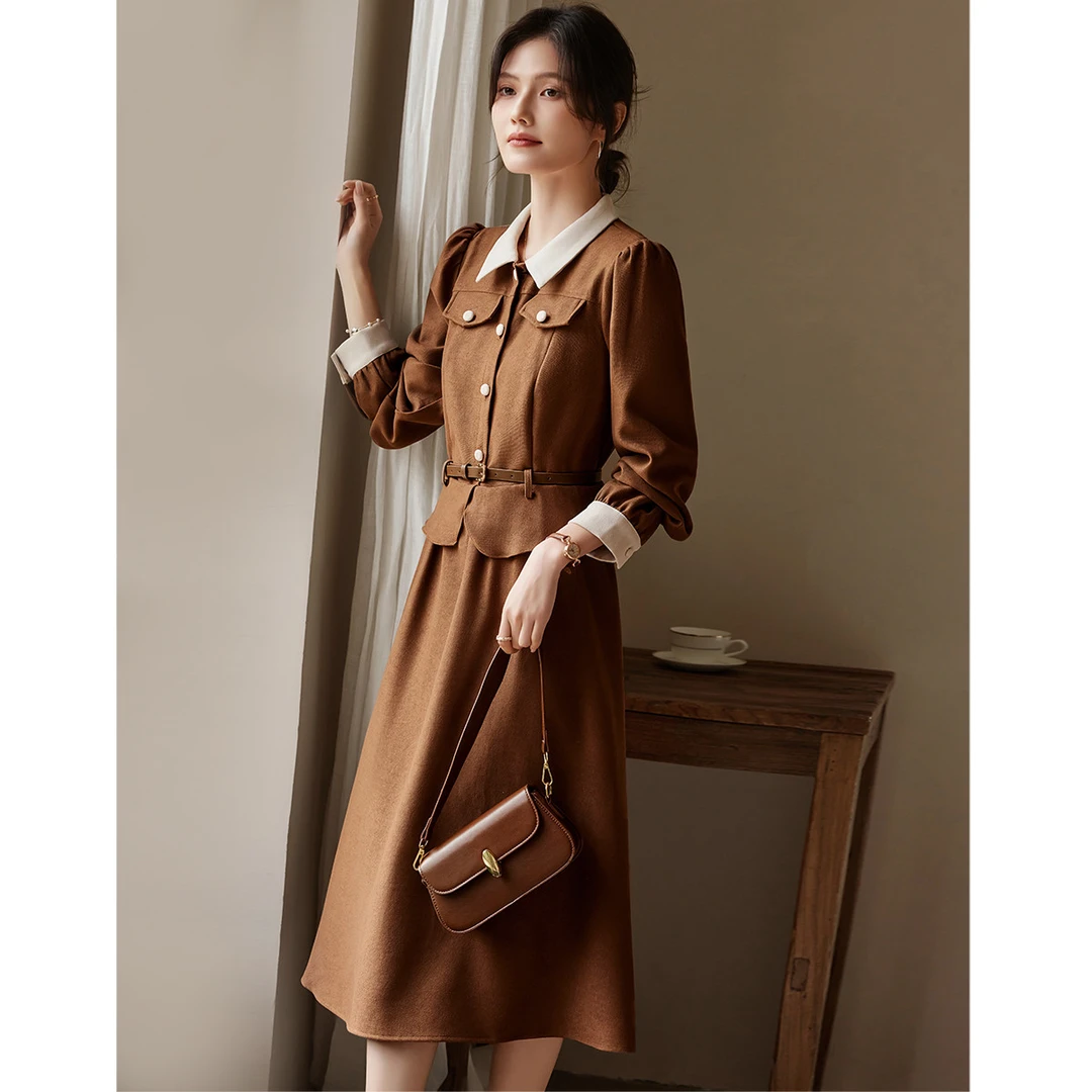 尚静赫本风假两件衬衫裙2025冬季新款时尚通勤腰带收腰显瘦连衣裙