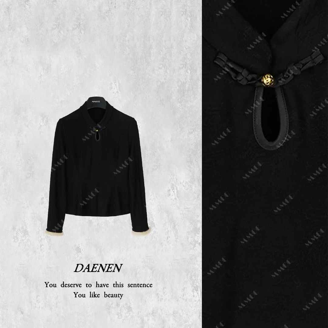 【梧桐】新中式国风黑色盘扣上衣女2024秋冬新款内搭打底衬衫F9928