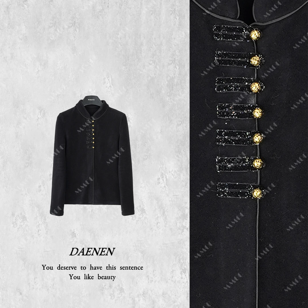 仫赐【唐人】新中式立领加绒加厚打底衫秋冬装黑金百搭上衣女F9919
