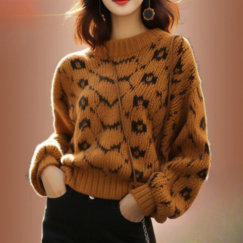 浅浅专属针织衫焦糖色毛衣女秋冬新款慵懒宽松套头上衣圆领打底衫