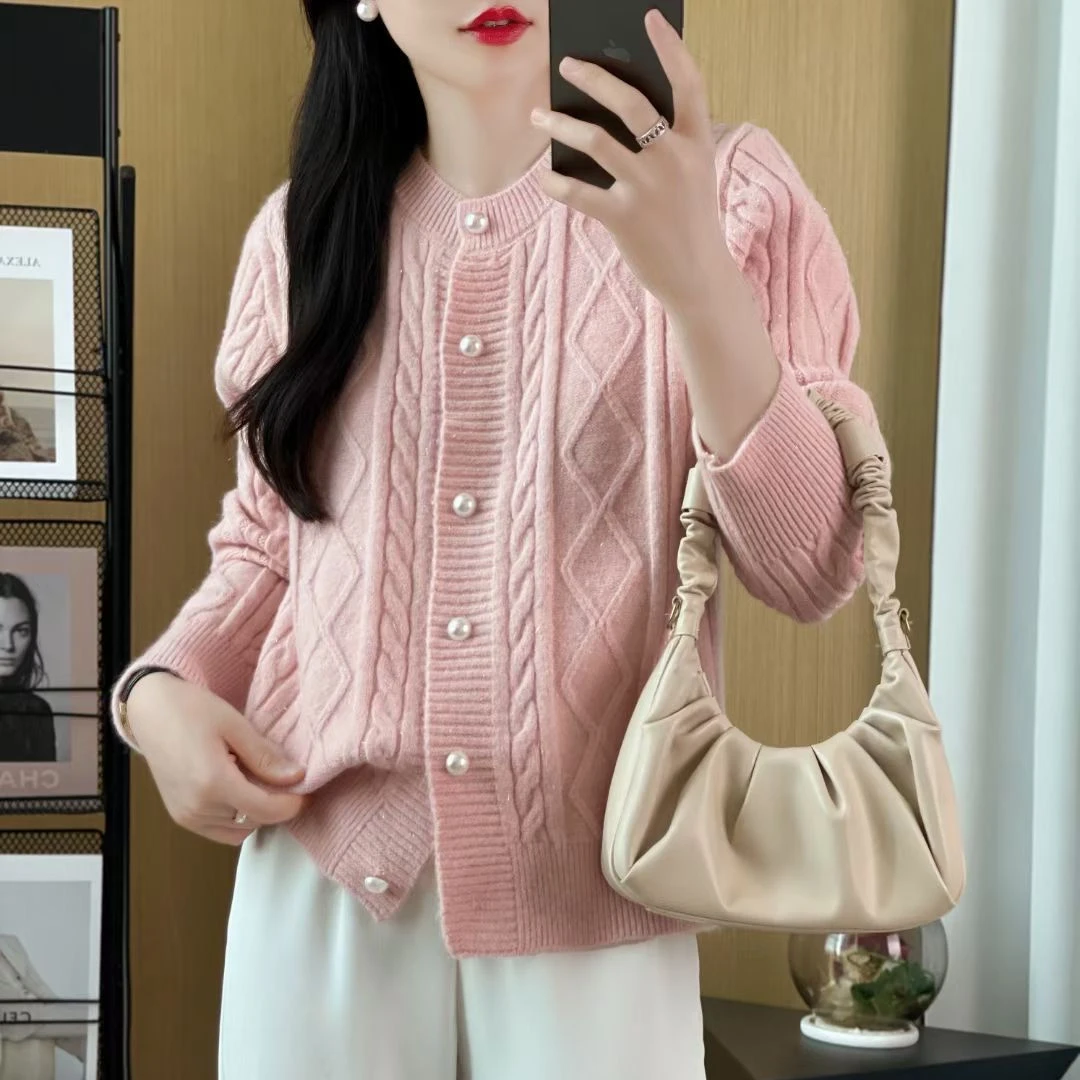 小香风女士圆领麻花毛衣短款开衫2024秋冬新款韩版女装毛衣外套女