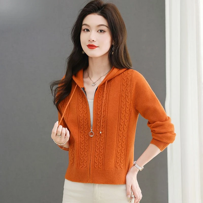 韩版美拉德风连帽针织开衫女春秋气质小个子时尚长袖短款毛衣外套