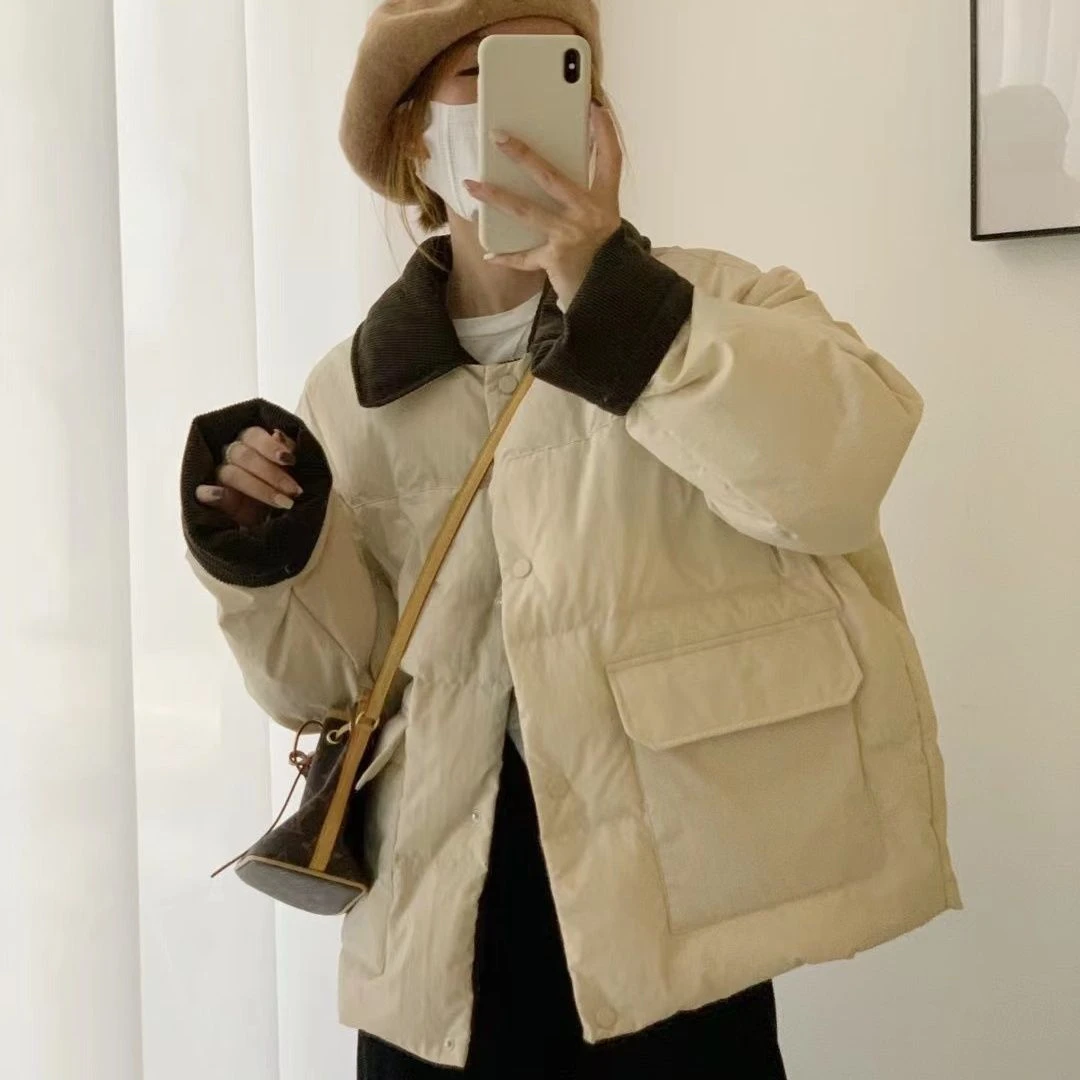 娃娃领服女2023新款小个子韩版百搭复古短款加厚外套