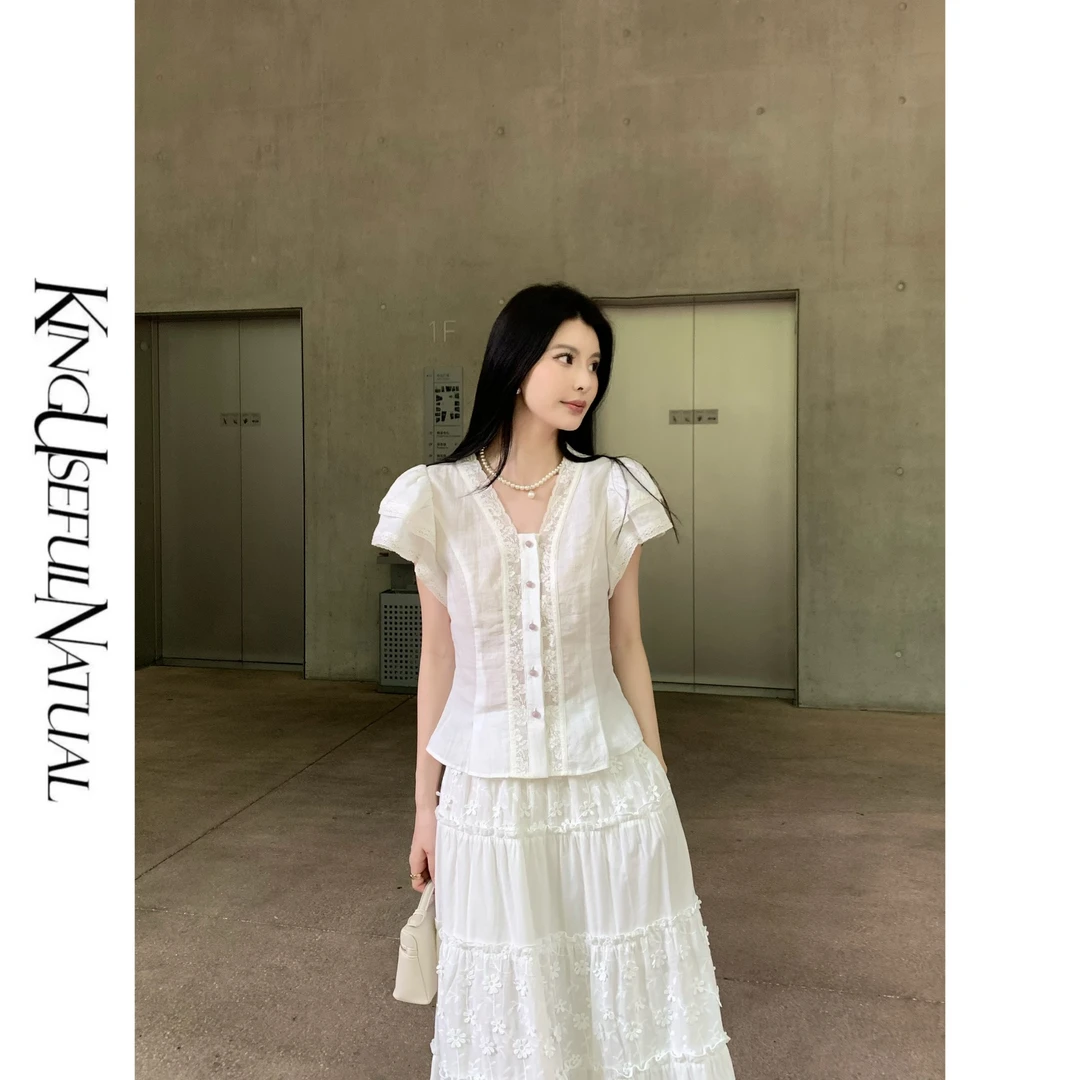 KUN【许愿精灵】满分高支苎麻 蕾丝花边拼接显瘦清新白色上衣