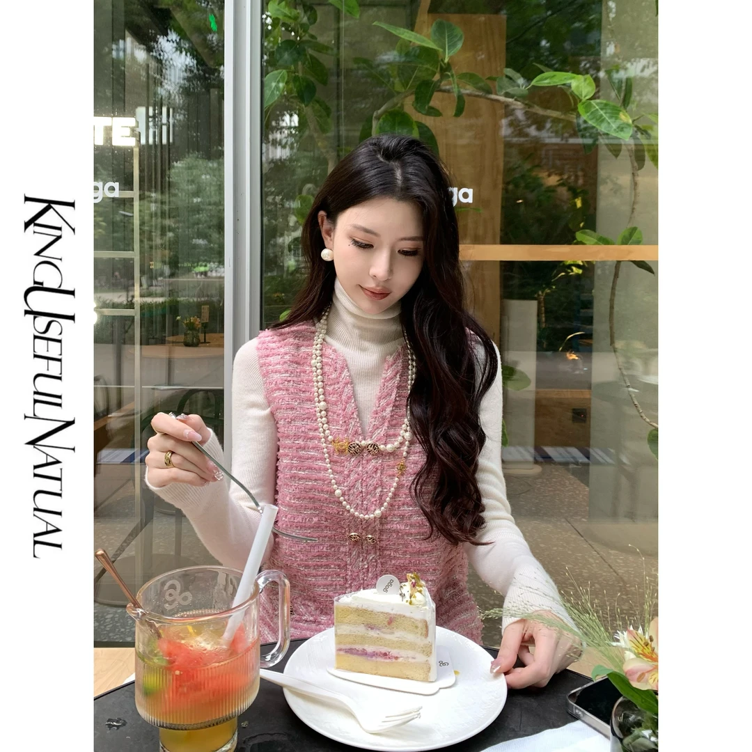 KUN【金粉世家】秀珠小姐 拼色毛感V领显瘦开叉中长款小香背心裙