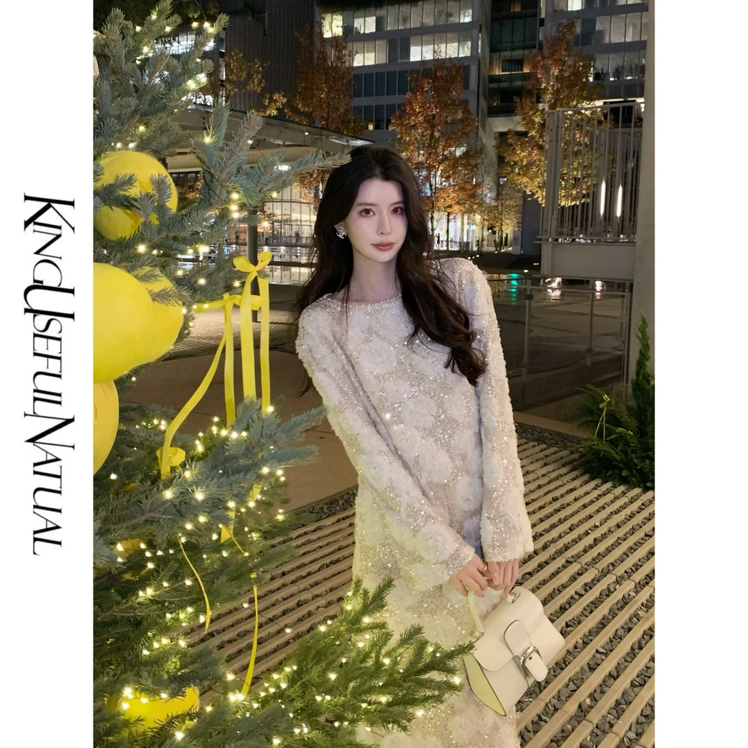 KUN【花影】年会战衣 杏色重工亮片针织衫半身裙两件时尚套装女贵气