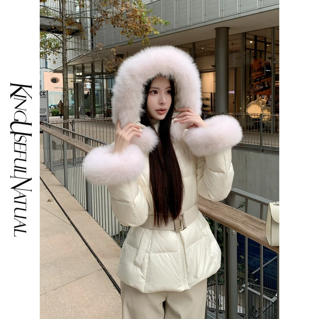 KUN【芬兰雪夜】心动小腰精 氛围感可拆卸狐狸毛白鸭连帽羽绒服外套