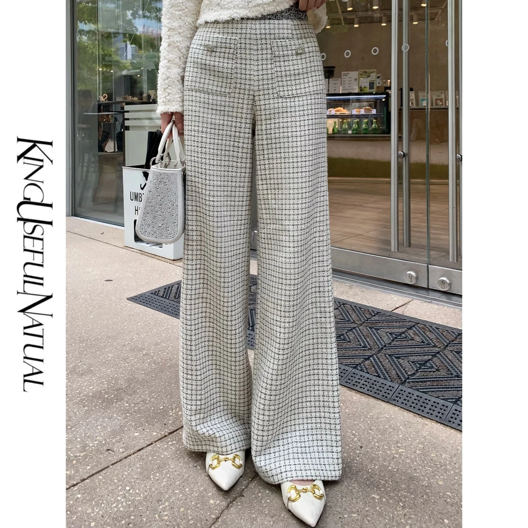 KUN【秀场格调】经典不过时 小格子米底黑边夹亮丝呢料显瘦小香裤子
