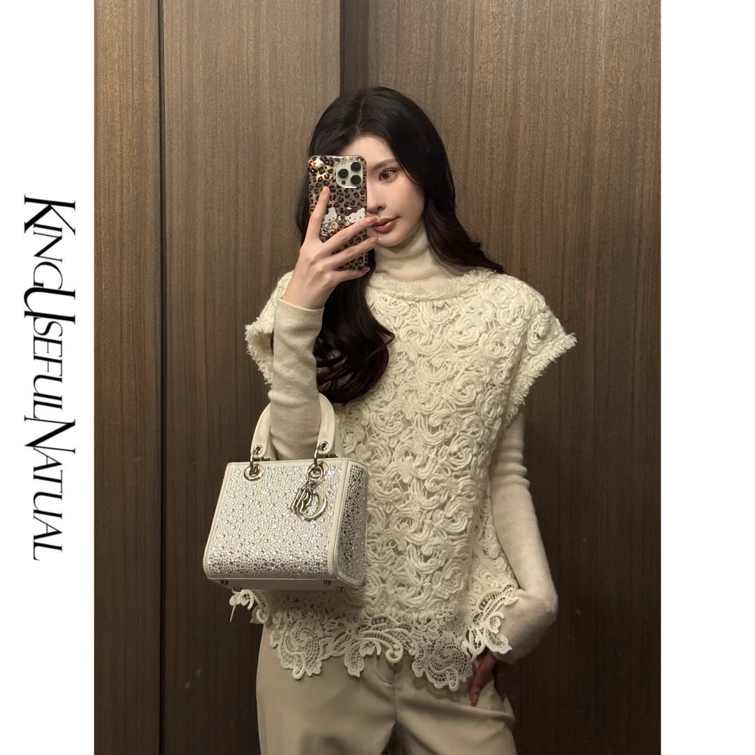 KUN【勾织美学】工艺耗时 纹理拼精致花边经典圆领韩系清新马甲上衣