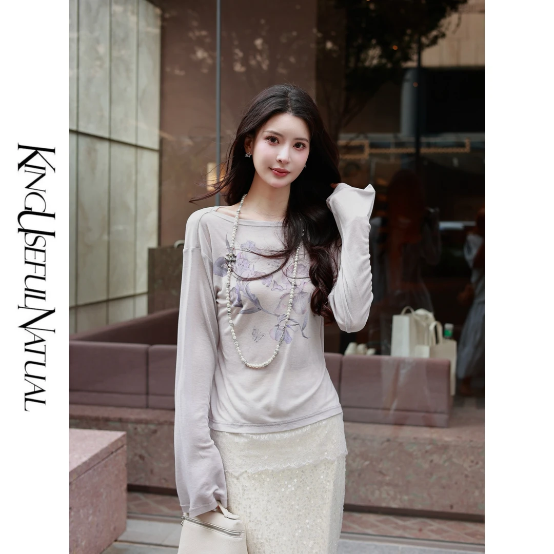 KUN【软香蝴蝶兰】特调雾霾紫 蝴蝶兰印花面膜感蕾丝拼片上衣