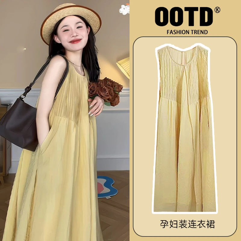 甜美温柔无袖孕妇连衣裙夏季宽松显瘦百搭背心裙小众压皱圆领裙子