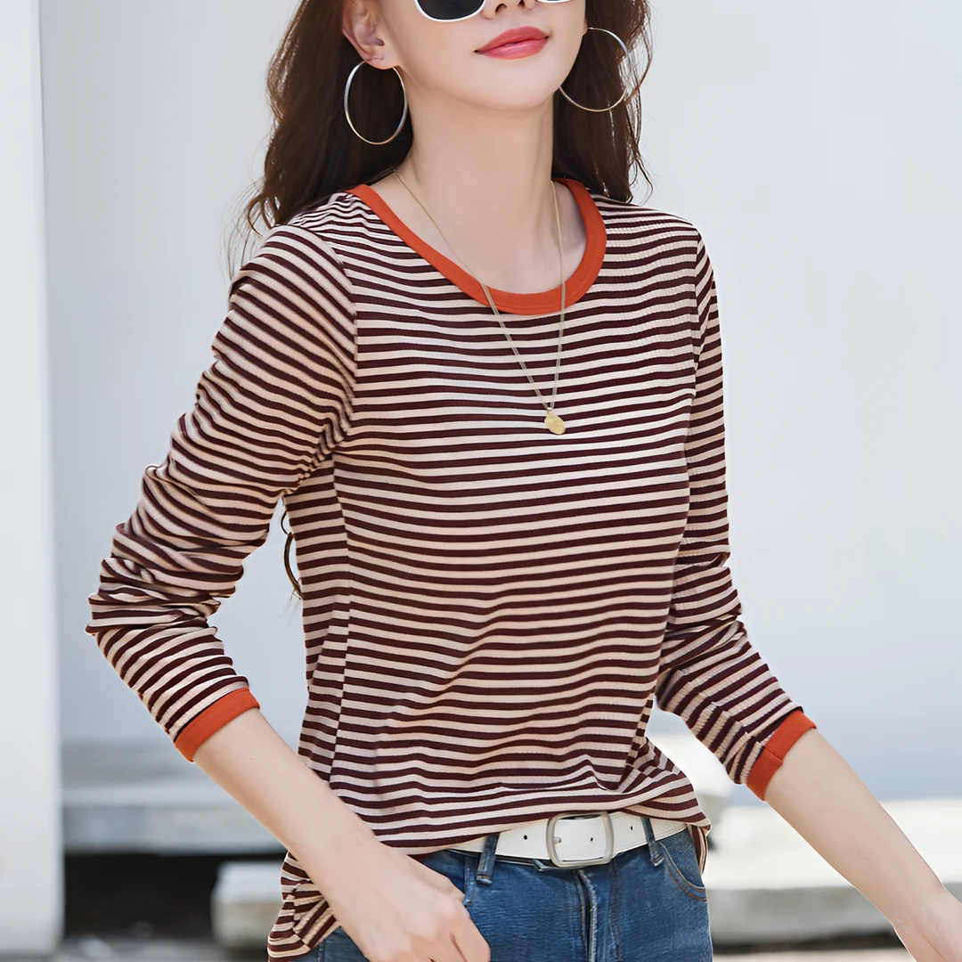 初秋韩版长袖T恤女装圆领条纹套头显瘦简约洋气打底衫上衣体恤潮