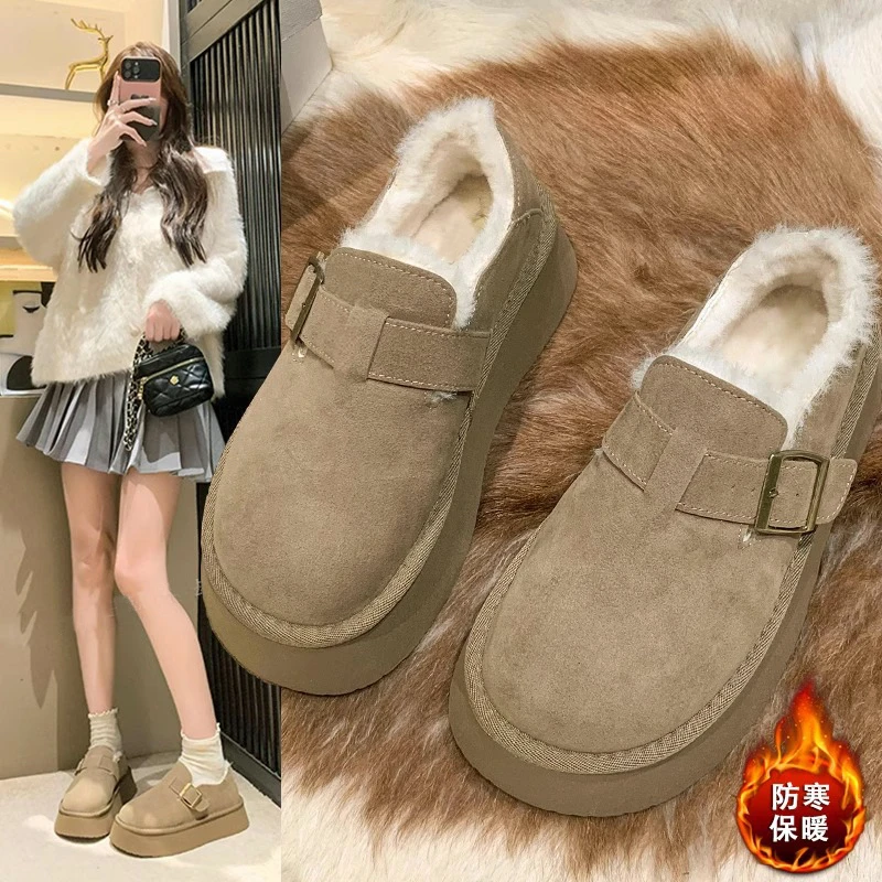 秋冬加绒勃肯鞋单鞋女2024年新款百搭韩版厚底复古加绒雪地靴棉鞋