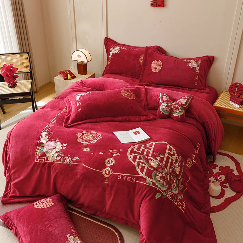 冬季结婚牛奶绒刺绣床上用品四件套新婚主卧红色床单被罩加绒保暖