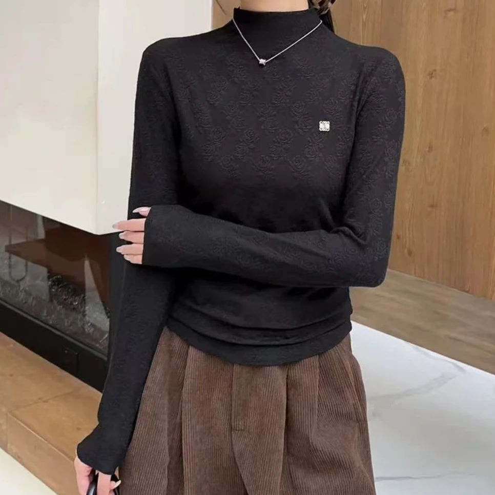 2024秋冬新款显瘦时尚长袖花朵打底衫加绒T恤百搭女上衣2909长55