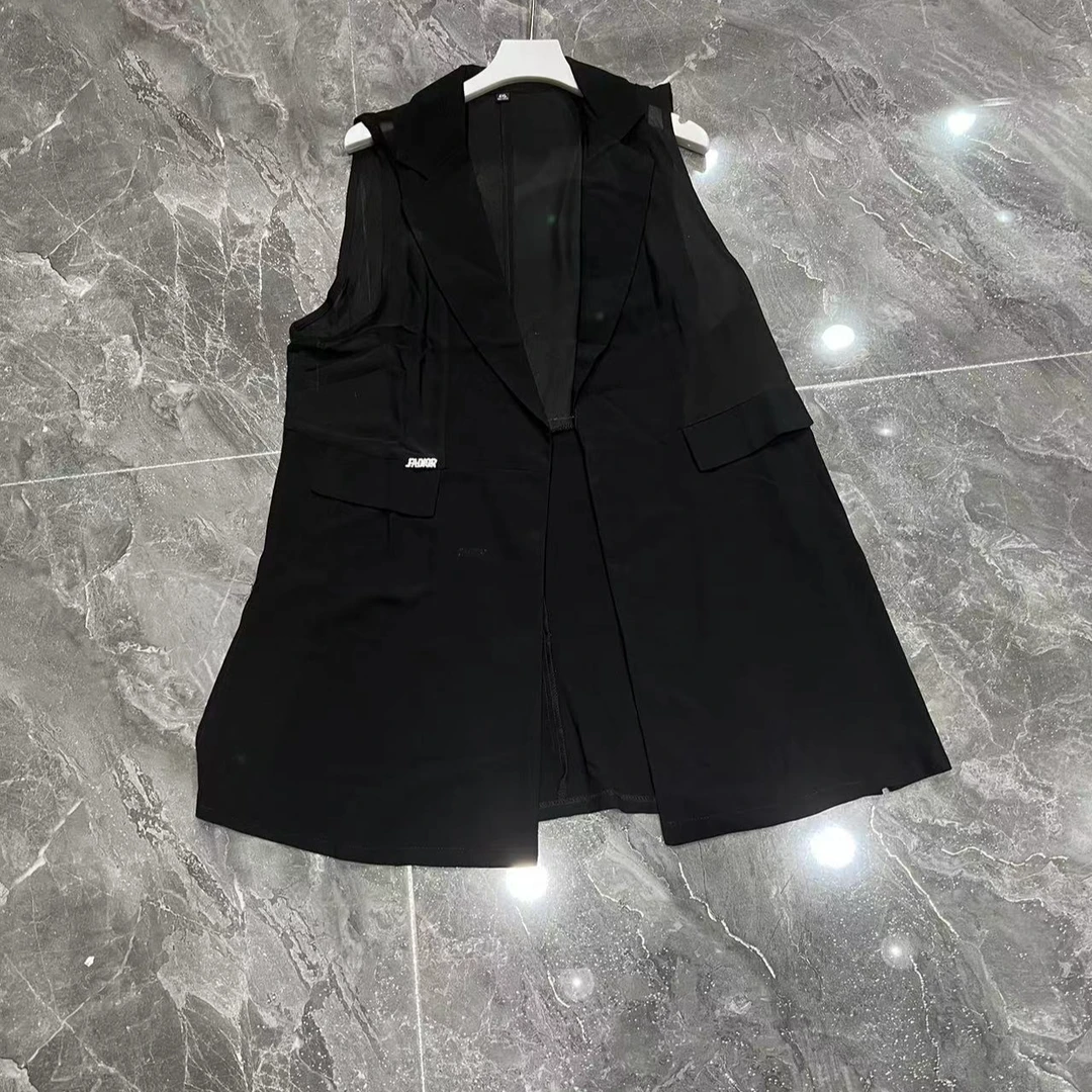 夏季新款中长款无袖马甲女洋气时尚休闲减龄黑色女士上衣1516长77