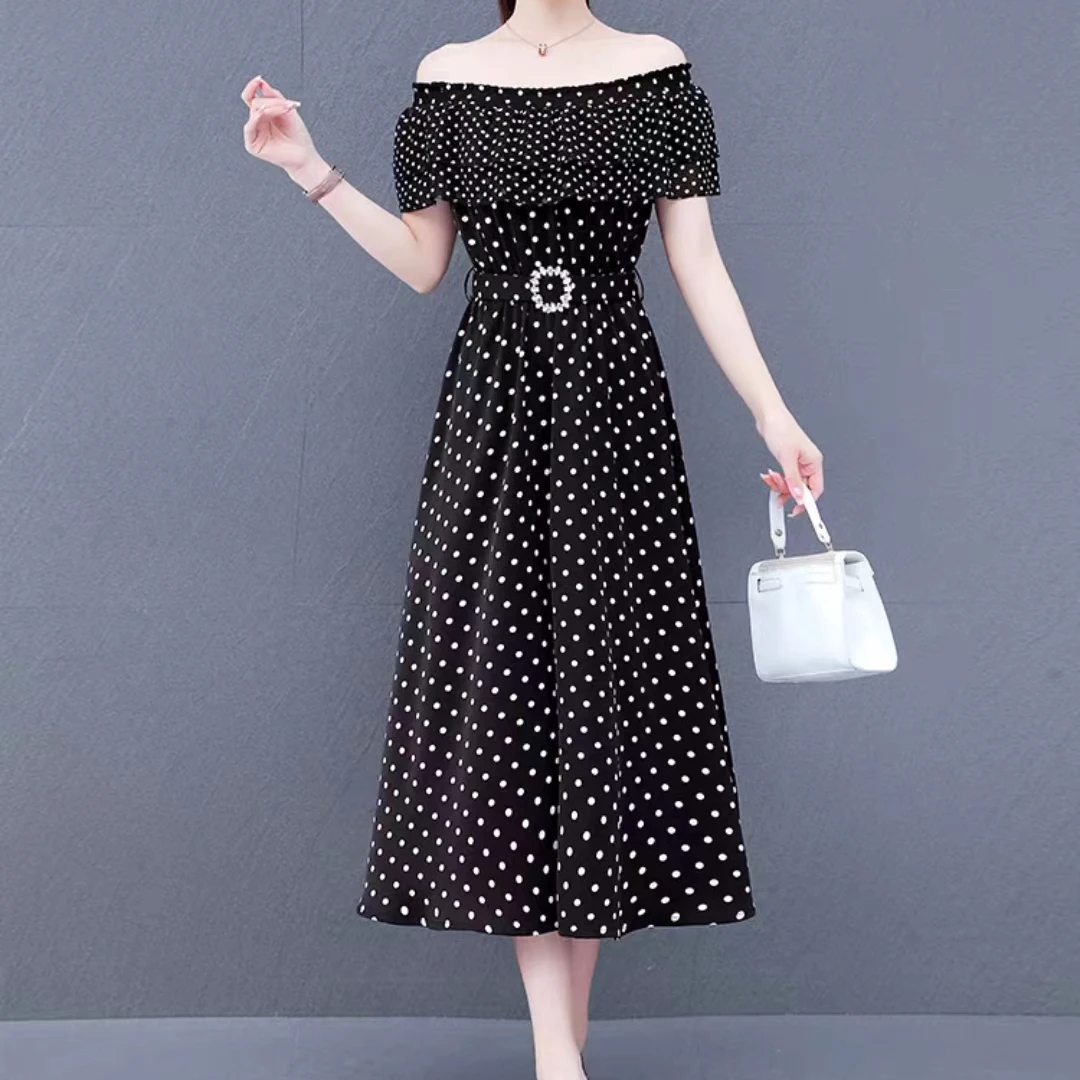 2025夏季新款一字领波点连衣裙收腰显瘦时尚气质裙子2369长118