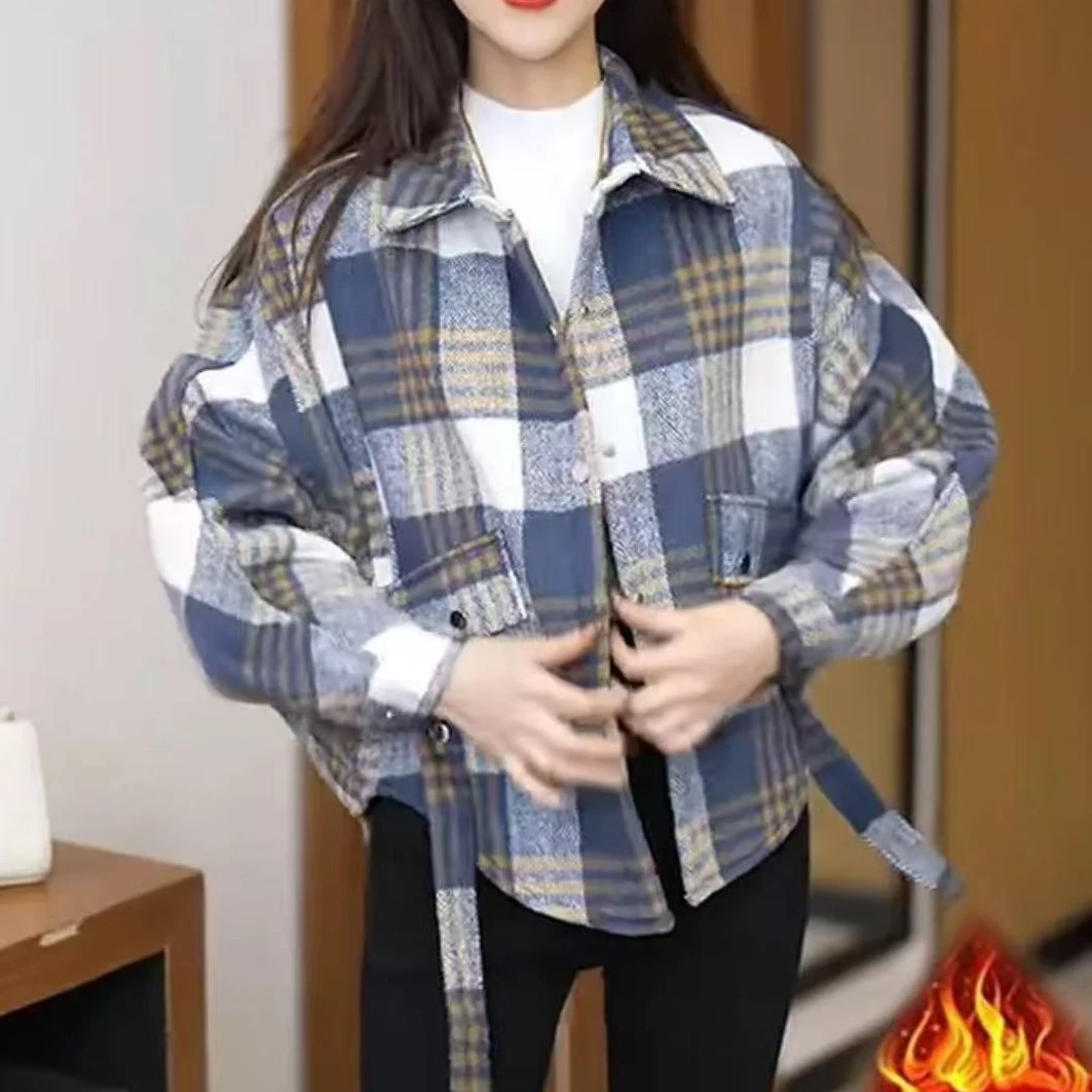 秋冬新款加绒外套格子百搭蝙蝠袖衬衫显瘦女士休闲上衣86096长55