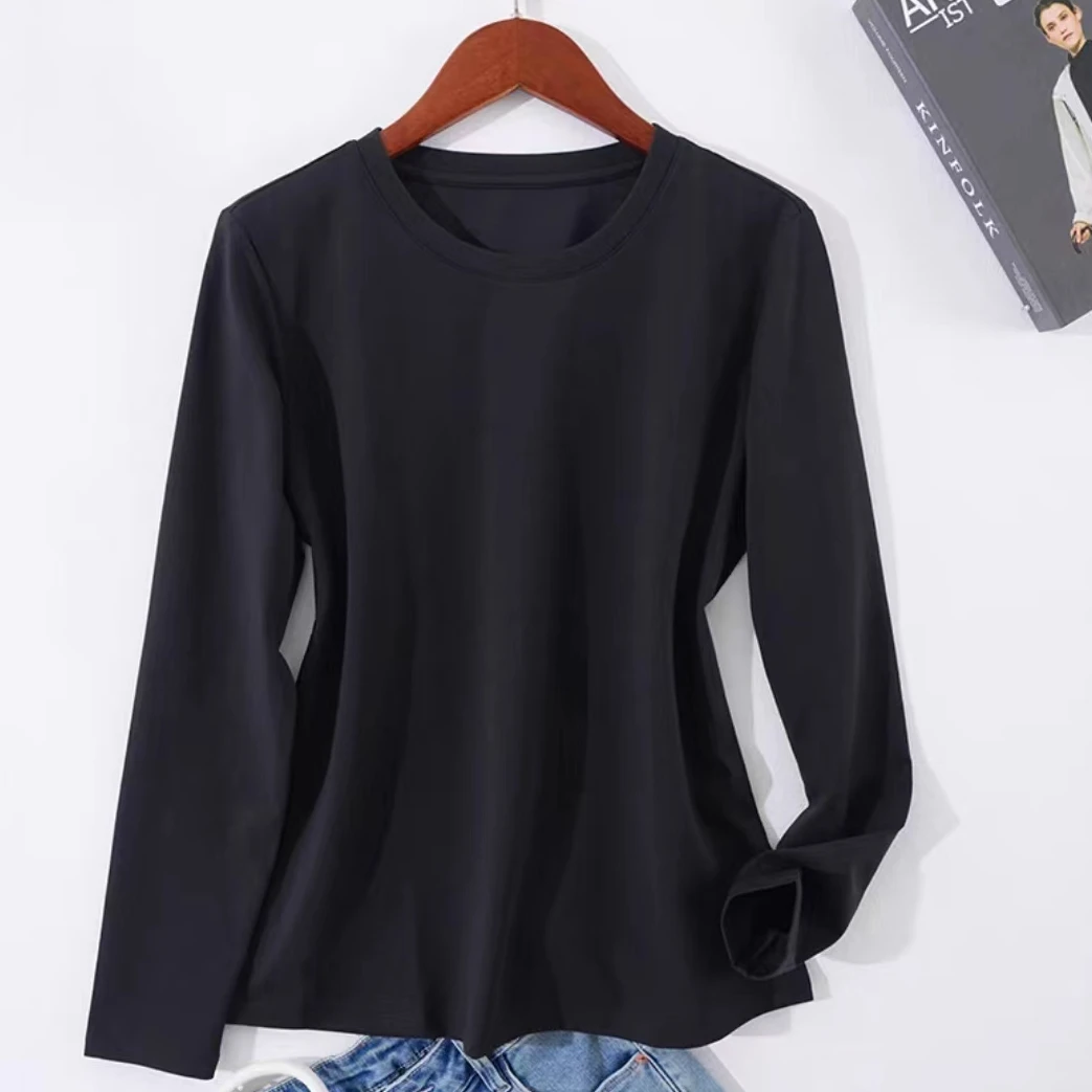 时尚纯色长袖T恤女2024秋季新款气质显瘦百搭上衣1910长53