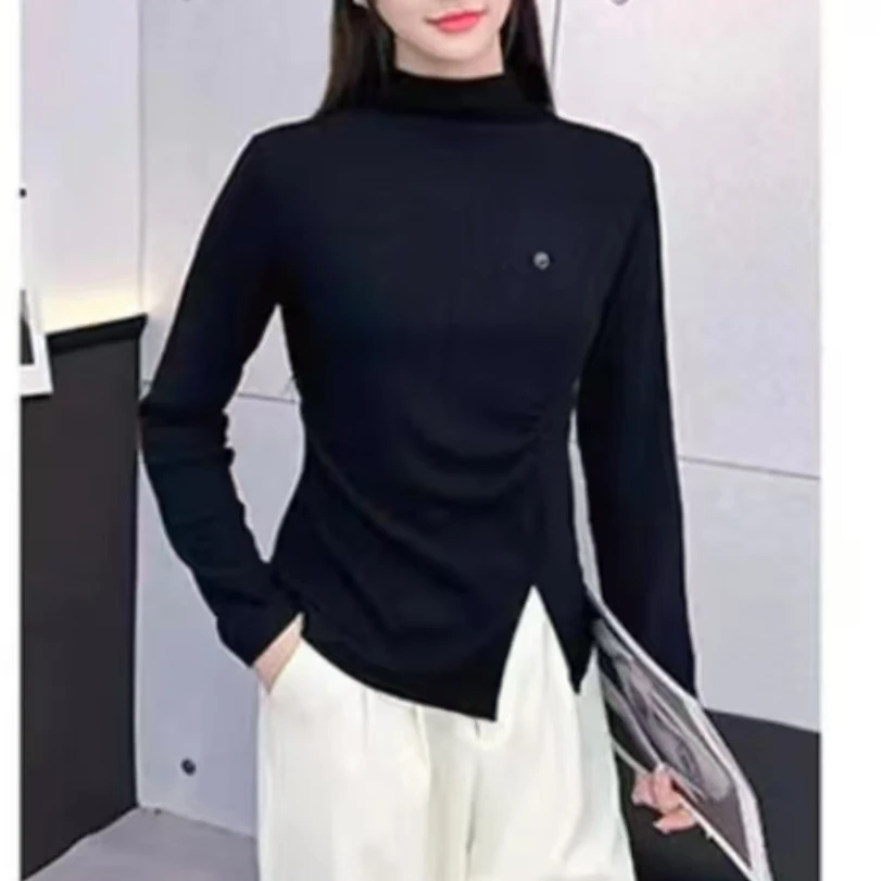 2024秋冬新款长袖打底衫半高领设计感不规则修身内搭上衣7156长54