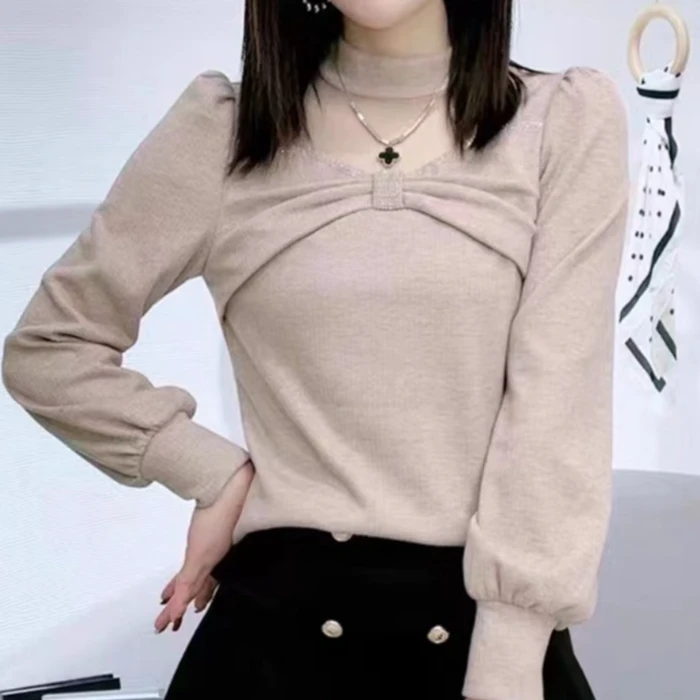 秋冬新款加绒蕾丝拼接打底衫显瘦气质百搭时尚加厚女上衣6017长55