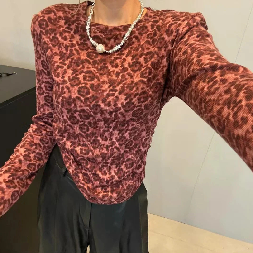 2024春秋新款时尚豹纹打底衫简约内搭外穿修身长袖上衣6827长53