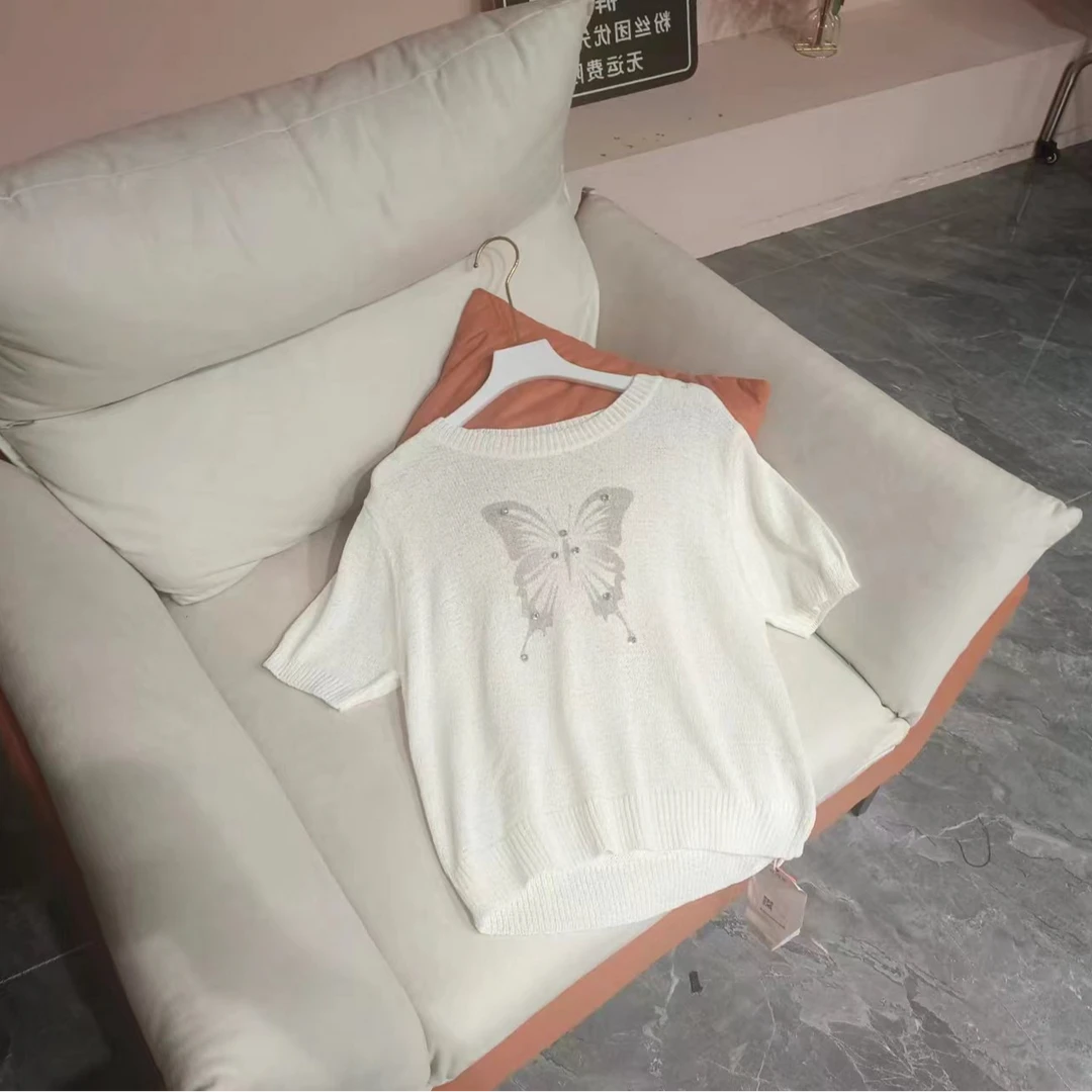 春夏新款蝴蝶针织衫洋气短袖显瘦时尚百搭女士上衣246153长47