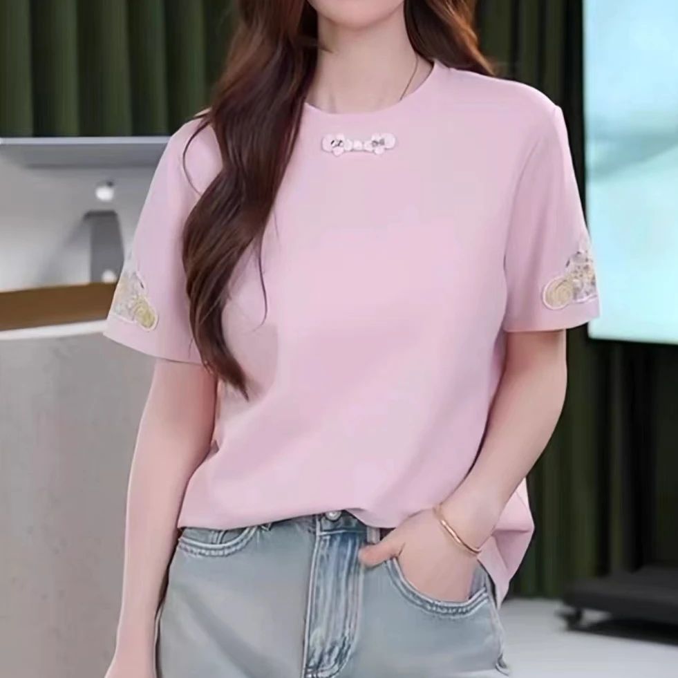 新中式国风短袖盘扣t恤2024新款夏季显瘦圆领气质上衣2D51长57