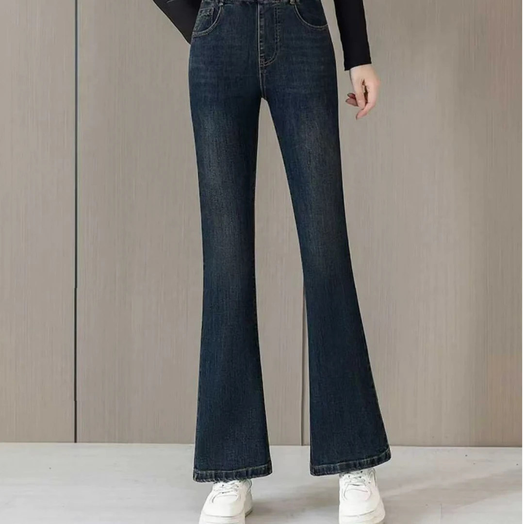 秋冬新款时尚百搭加绒牛仔微喇裤松紧腰显瘦女裤长裤子506长98