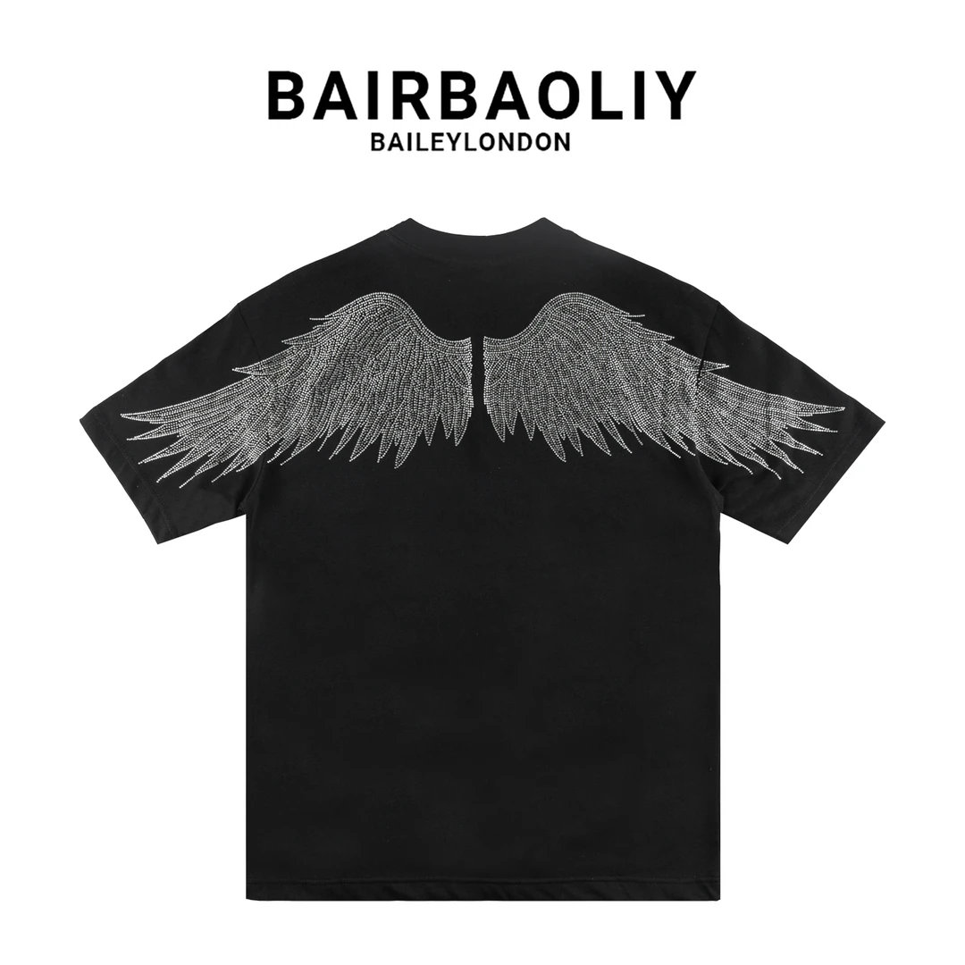 BAIRBAOLIY/柏堡里品牌轻奢天使翅膀烫钻潮流百搭休闲短袖T恤