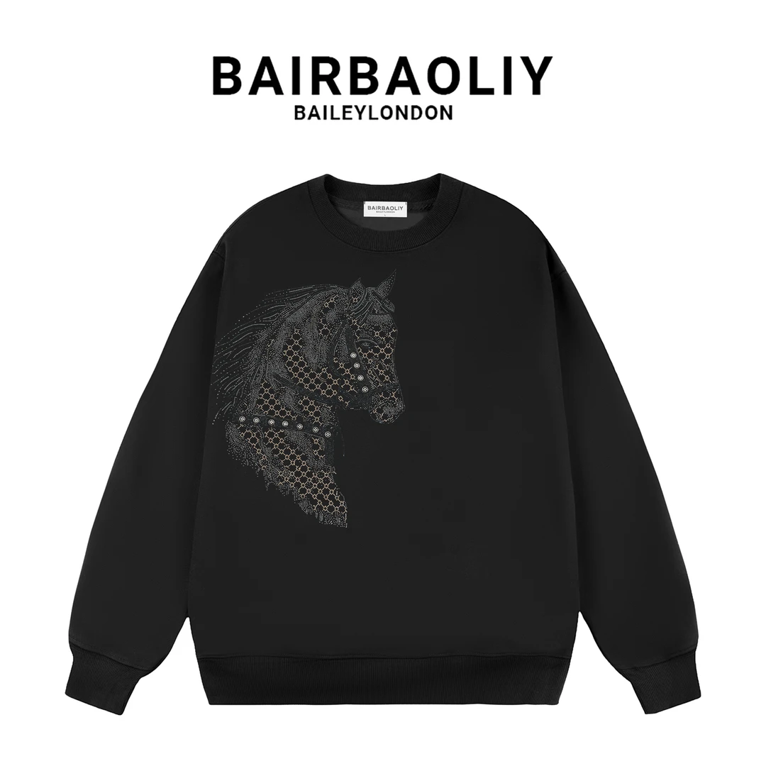 BAIRBAOLIY轻奢帅气战马重工闪钻圆领卫衣男潮牌秋冬时尚休闲上衣