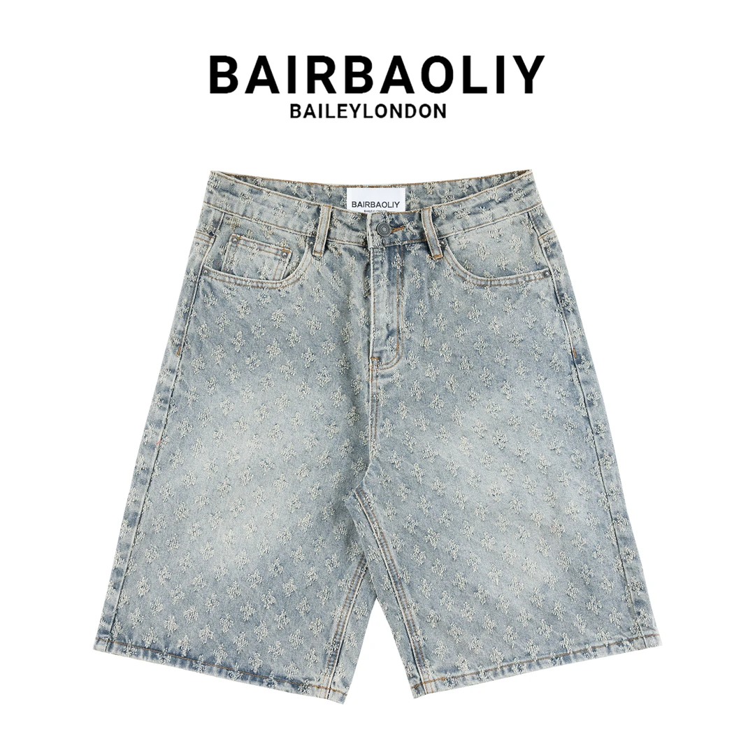 BAIRBAOLIY提花设计感轻奢时尚牛仔五分短裤休闲宽松直筒裤男装潮
